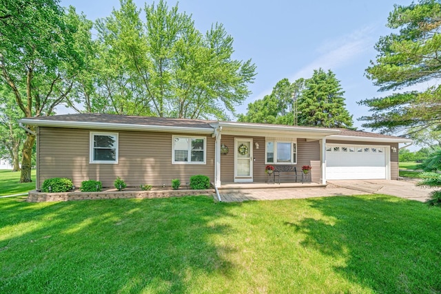 14893 Plank Rd, Sycamore, IL 60178 - ranch-style home featuring an attached garage, driveway, a front yard, and a porch
