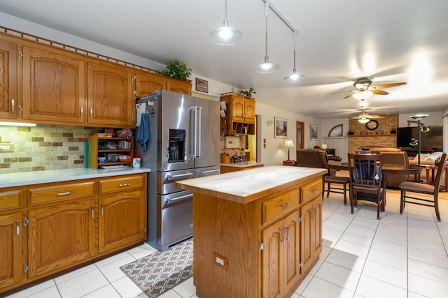 17815 Iroquois, Tinley Park, IL 60477 - kitchen with high end refrigerator, wooden counters, ceiling fan, tasteful backsplash, and light tile patterned floors