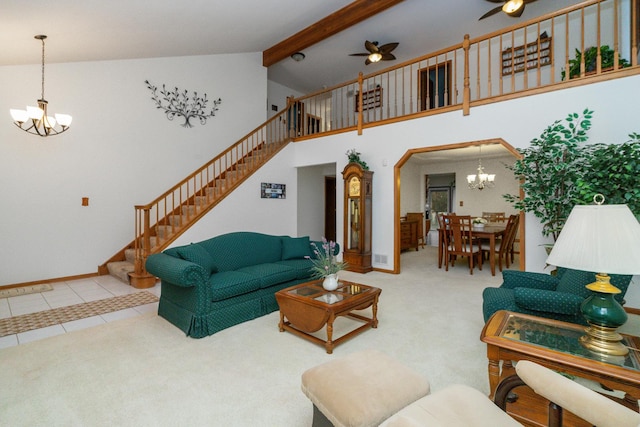 17815 Iroquois, Tinley Park, IL 60477 - living area featuring a chandelier, stairs, high vaulted ceiling, ceiling fan, and carpet