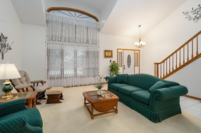 17815 Iroquois, Tinley Park, IL 60477 - living area with high vaulted ceiling, a chandelier, stairway, and carpet