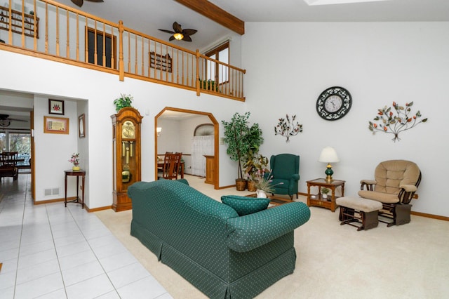 17815 Iroquois, Tinley Park, IL 60477 - living room featuring ceiling fan, arched walkways, beamed ceiling, high vaulted ceiling, and carpet floors