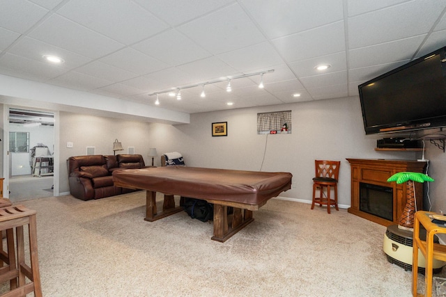 17815 Iroquois, Tinley Park, IL 60477 - recreation room with billiards, rail lighting, carpet floors, recessed lighting, and a fireplace