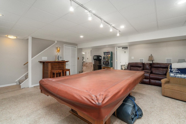 17815 Iroquois, Tinley Park, IL 60477 - playroom featuring track lighting, billiards, carpet, and a paneled ceiling