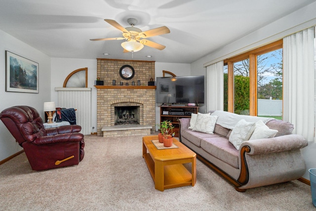 17815 Iroquois, Tinley Park, IL 60477 - living area featuring a ceiling fan, carpet, and a brick fireplace