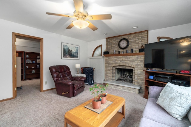 17815 Iroquois, Tinley Park, IL 60477 - living room with carpet flooring, a ceiling fan, and a brick fireplace