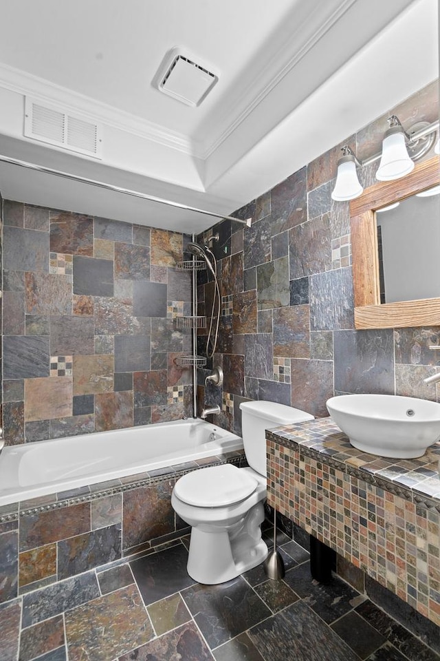 6401 W Home Ave Unit 6A, Worth, IL 60482 - full bath featuring tile walls, ornamental molding, tiled shower / bath, and stone tile flooring