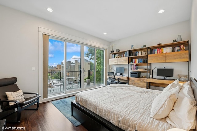 639 W Briar Pl Unit 4W, Chicago, IL 60657 - bedroom with access to exterior, an office area, dark wood-style flooring, and recessed lighting