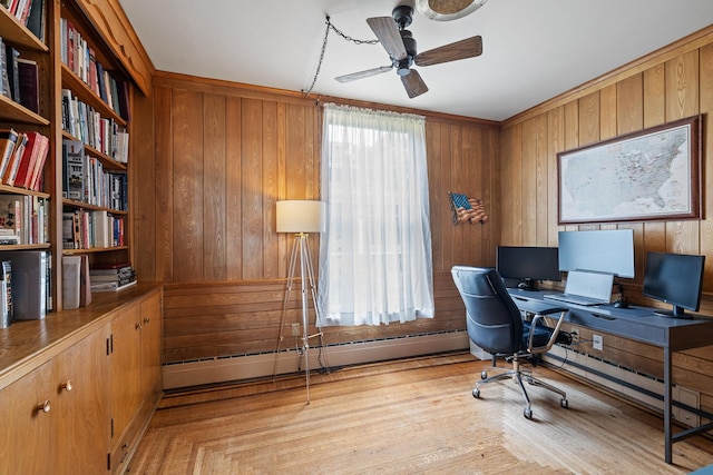 557 Garfield Ave, Aurora, IL 60506 - home office with a baseboard radiator, ceiling fan, wooden walls, and light wood-type flooring