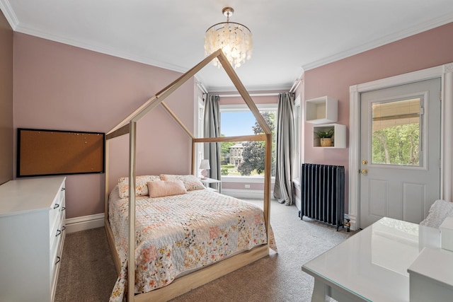 557 Garfield Ave, Aurora, IL 60506 - carpeted bedroom with radiator heating unit, ornamental molding, multiple windows, and a chandelier
