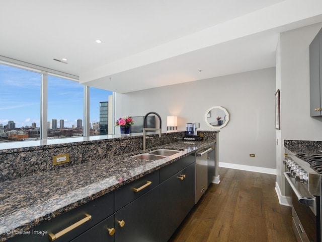 500 W Superior St Unit 1202, Chicago, IL 60654 - kitchen with stainless steel appliances, dark wood finished floors, a skyline view, dark stone countertops, and dark cabinetry