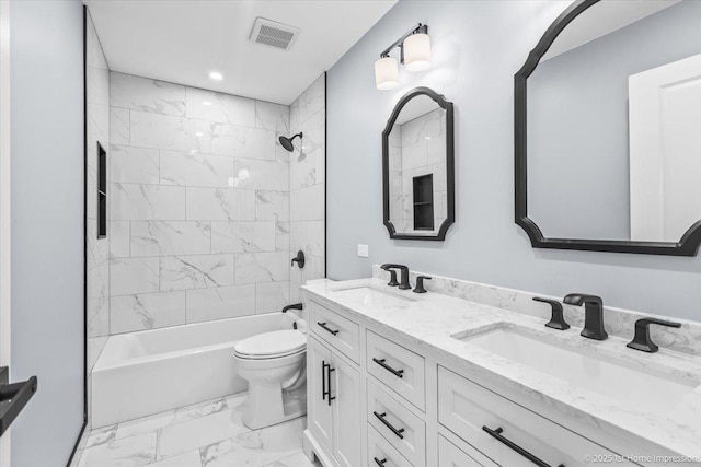 8826 Willow Rd, Hickory Hills, IL 60457 - full bath featuring marble look tile flooring, double vanity, shower / bathtub combination, and recessed lighting