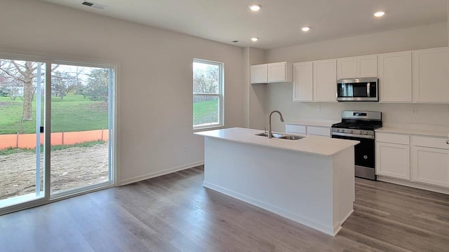 11300 Wildridge Ln, Huntley, IL 60142 - kitchen featuring appliances with stainless steel finishes, wood finished floors, an island with sink, white cabinets, and recessed lighting