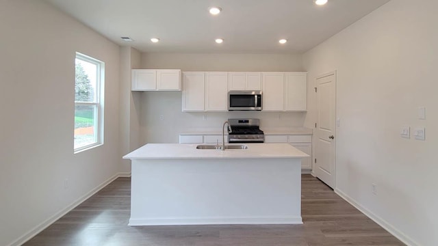 11300 Wildridge Ln, Huntley, IL 60142 - kitchen with stainless steel appliances, white cabinets, light countertops, wood finished floors, and an island with sink