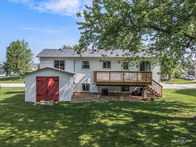 2211 Birchwood Pkwy, Woodridge, IL 60517 - rear view of property with a storage unit, a lawn, a deck, stairs, and roof with shingles