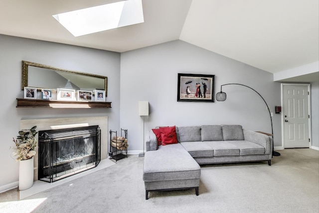 2406 Mallow Ct Unit V2, Schaumburg, IL 60194 - carpeted living area featuring a skylight, a fireplace with flush hearth, and lofted ceiling