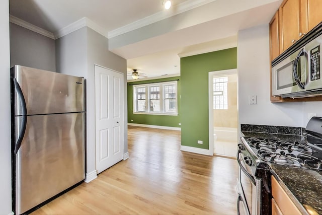 4333 N Troy St Unit 3E, Chicago, IL 60618 - kitchen with appliances with stainless steel finishes, light wood-style flooring, ornamental molding, ceiling fan, and dark stone countertops