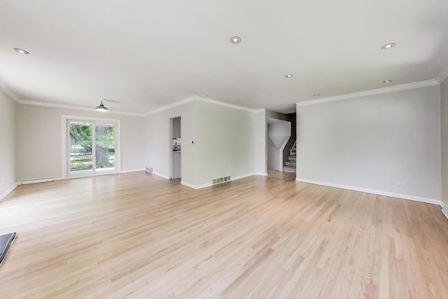 471 Highcrest Dr, Wilmette, IL 60091 - unfurnished living room featuring crown molding, stairway, light wood-style floors, recessed lighting, and a baseboard heating unit