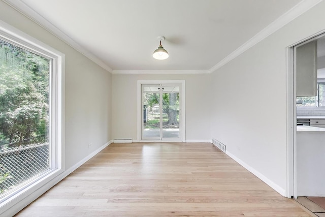 471 Highcrest Dr, Wilmette, IL 60091 - empty room featuring light wood-style floors, a baseboard heating unit, and ornamental molding