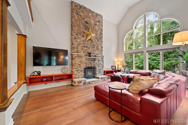 7N107 Hastings Dr, Saint Charles, IL 60175 - living area featuring high vaulted ceiling, wood finished floors, and a stone fireplace