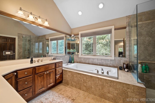 7N107 Hastings Dr, Saint Charles, IL 60175 - bathroom with vanity, a garden tub, a stall shower, vaulted ceiling, and recessed lighting