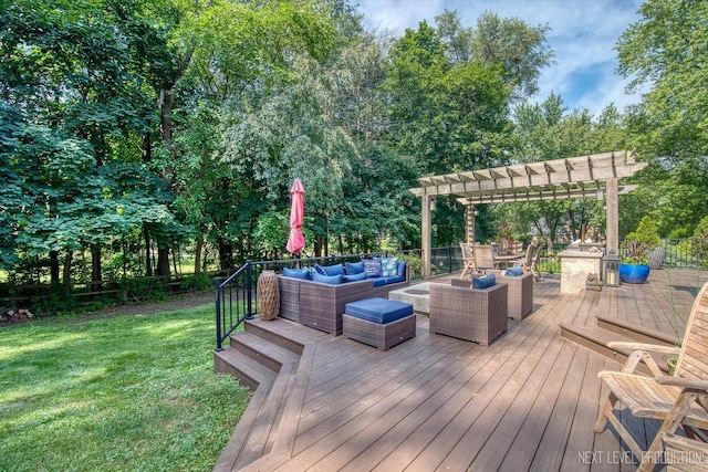 7N107 Hastings Dr, Saint Charles, IL 60175 - wooden terrace with outdoor lounge area, a pergola, and view of wooded area