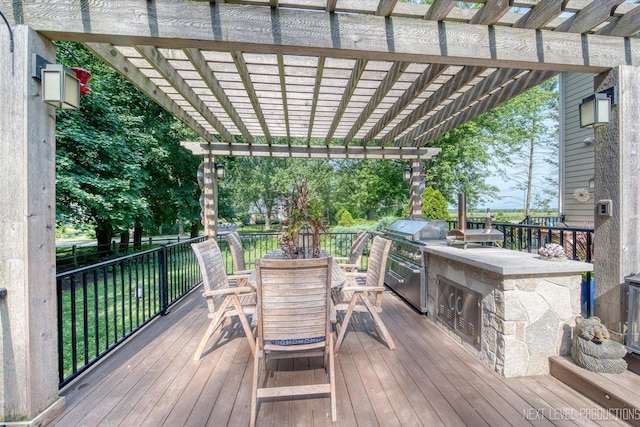 7N107 Hastings Dr, Saint Charles, IL 60175 - wooden terrace featuring outdoor dining area, an outdoor kitchen, and a pergola