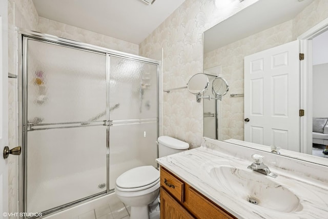 1508 Seville Ct Unit D2, Wheeling, IL 60090 - full bathroom with wallpapered walls, vanity, a shower stall, and tile patterned flooring