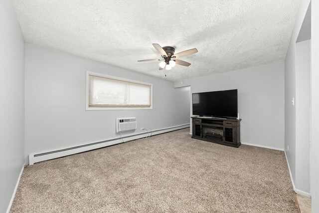 1320 Lore Ln Unit 2-201, Lombard, IL 60148 - unfurnished living room featuring a baseboard radiator, a textured ceiling, a ceiling fan, and carpet