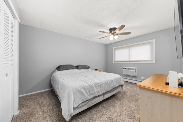 1320 Lore Ln Unit 2-201, Lombard, IL 60148 - carpeted bedroom featuring baseboard heating, a closet, a textured ceiling, a wall mounted air conditioner, and ceiling fan