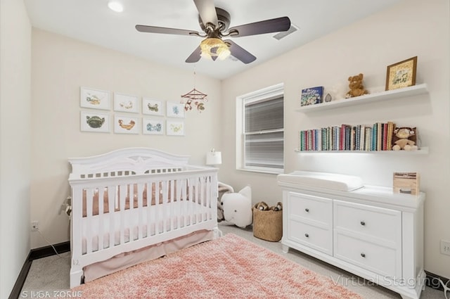 1940 S Racine Ave, Chicago, IL 60608 - bedroom with carpet floors, a nursery area, and a ceiling fan
