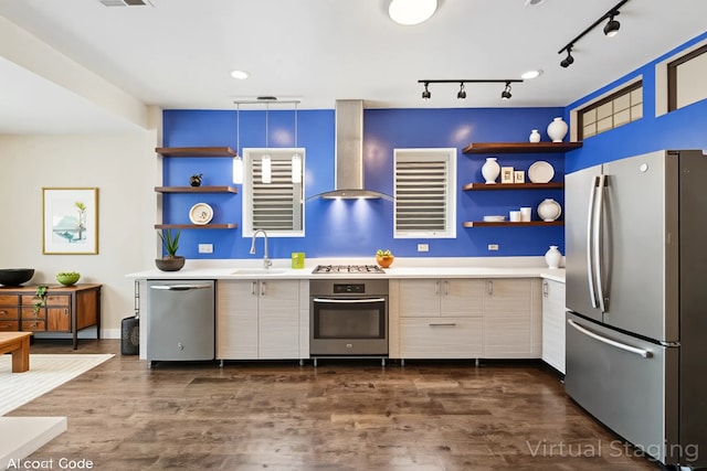 1940 S Racine Ave, Chicago, IL 60608 - kitchen with stainless steel appliances, open shelves, wall chimney range hood, and light countertops
