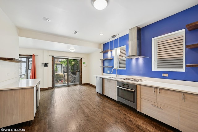 1940 S Racine Ave, Chicago, IL 60608 - kitchen featuring stainless steel appliances, open shelves, wall chimney range hood, modern cabinets, and light brown cabinets