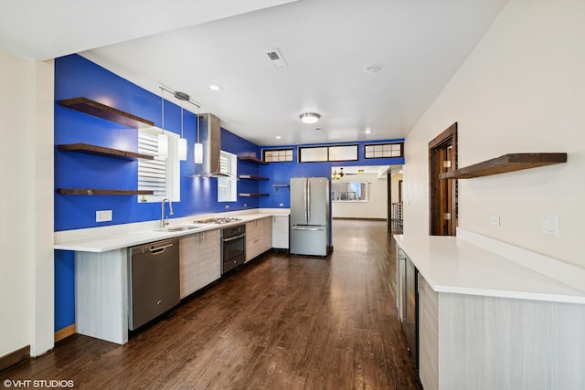 1940 S Racine Ave, Chicago, IL 60608 - kitchen with open shelves, appliances with stainless steel finishes, modern cabinets, wall chimney range hood, and light countertops