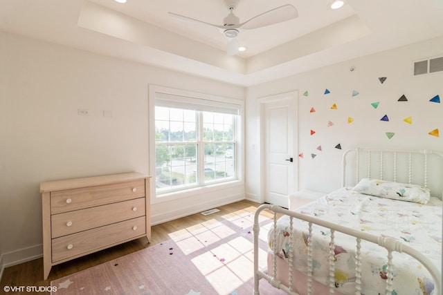 1 N Beverly Ln, Arlington Heights, IL 60004 - bedroom with a raised ceiling, wood finished floors, recessed lighting, and a ceiling fan
