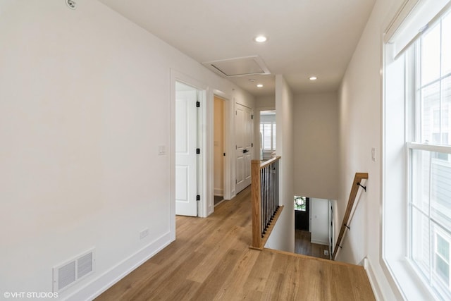 1 N Beverly Ln, Arlington Heights, IL 60004 - hall with an upstairs landing, attic access, light wood-type flooring, and recessed lighting