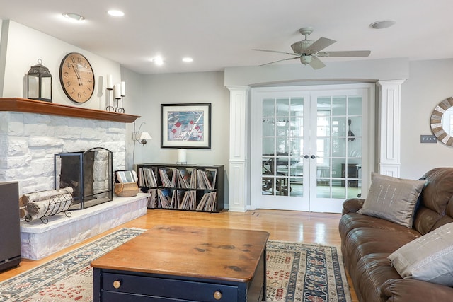 1549 Preston Rd, Naperville, IL 60563 - living room featuring a ceiling fan, light wood-style floors, french doors, recessed lighting, and a fireplace