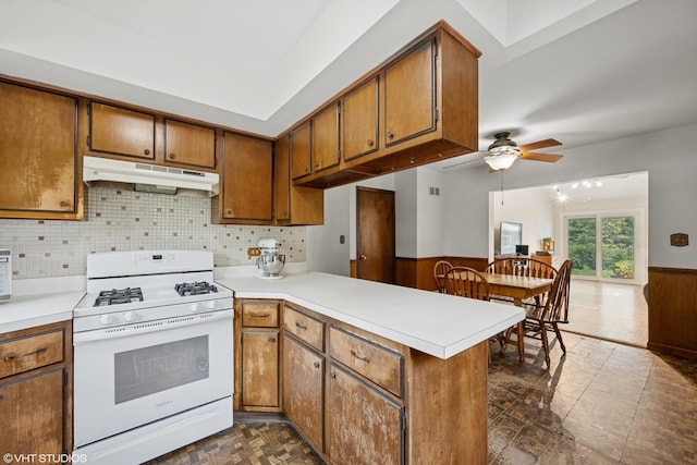 345 Catalpa Ave, Roselle, IL 60172 - kitchen featuring white gas range oven, under cabinet range hood, a peninsula, brown cabinetry, and wainscoting