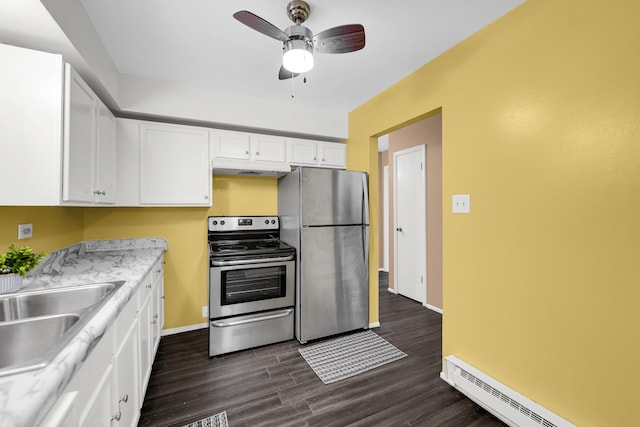 18340 Glen Oak Ave Unit 1D, Lansing, IL 60438 - kitchen with appliances with stainless steel finishes, white cabinets, a baseboard radiator, dark wood finished floors, and ceiling fan