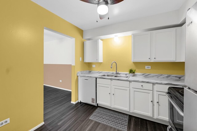 18340 Glen Oak Ave Unit 1D, Lansing, IL 60438 - kitchen featuring appliances with stainless steel finishes, dark wood finished floors, ceiling fan, and white cabinetry