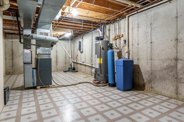 5087 Wilderness Trl, Rockford, IL 61114 - unfinished basement featuring gas water heater, a water softener system, tile patterned floors, and heating unit