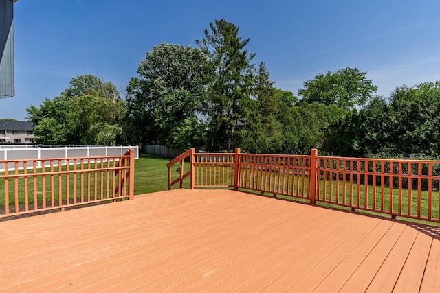 5087 Wilderness Trl, Rockford, IL 61114 - wooden terrace with a fenced backyard and view of wooded area