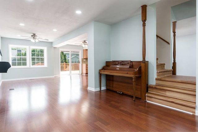 5087 Wilderness Trl, Rockford, IL 61114 - living room featuring ceiling fan, wood finished floors, stairs, and recessed lighting
