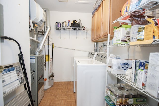 107 65th Lake Dr Unit 202, Westmont, IL 60559 - laundry area featuring cabinet space, washer and clothes dryer, gas water heater, and heating unit