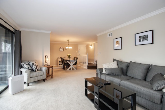 107 65th Lake Dr Unit 202, Westmont, IL 60559 - living area with ornamental molding, light colored carpet, and a chandelier