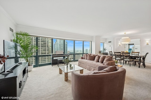 100 E Huron St Unit 3501, Chicago, IL 60611 - living room with light carpet, ornamental molding, and a view of city
