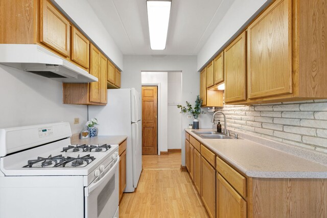 6540 W 94th Pl Unit 1A, Oak Lawn, IL 60453 - kitchen with white gas range, under cabinet range hood, light wood-style flooring, decorative backsplash, and light countertops