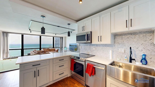 910 N Lake Shore Dr Unit 2317, Chicago, IL 60611 - kitchen featuring stainless steel appliances, a peninsula, decorative backsplash, and light countertops