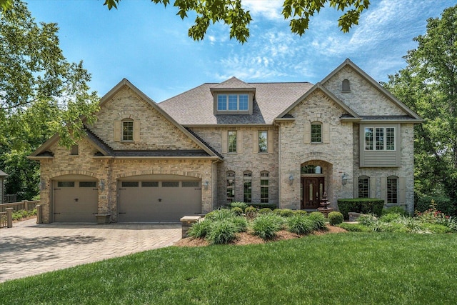1325 Westley Ln, West Dundee, IL 60118 - french provincial home featuring a front lawn, decorative driveway, a shingled roof, french doors, and an attached garage