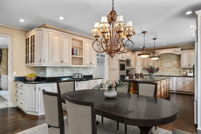 1325 Westley Ln, West Dundee, IL 60118 - dining area featuring crown molding, recessed lighting, a chandelier, dark wood-type flooring, and wainscoting