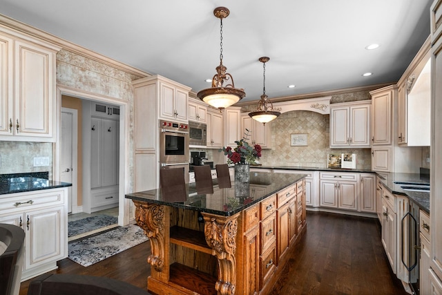 1325 Westley Ln, West Dundee, IL 60118 - kitchen with backsplash, stainless steel appliances, dark wood-type flooring, pendant lighting, and recessed lighting